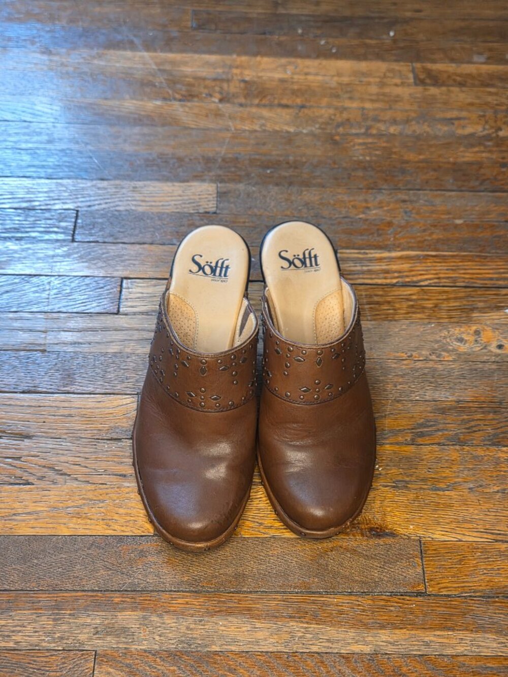Sofft Brown Leather Clogs with Decorative Brass Details